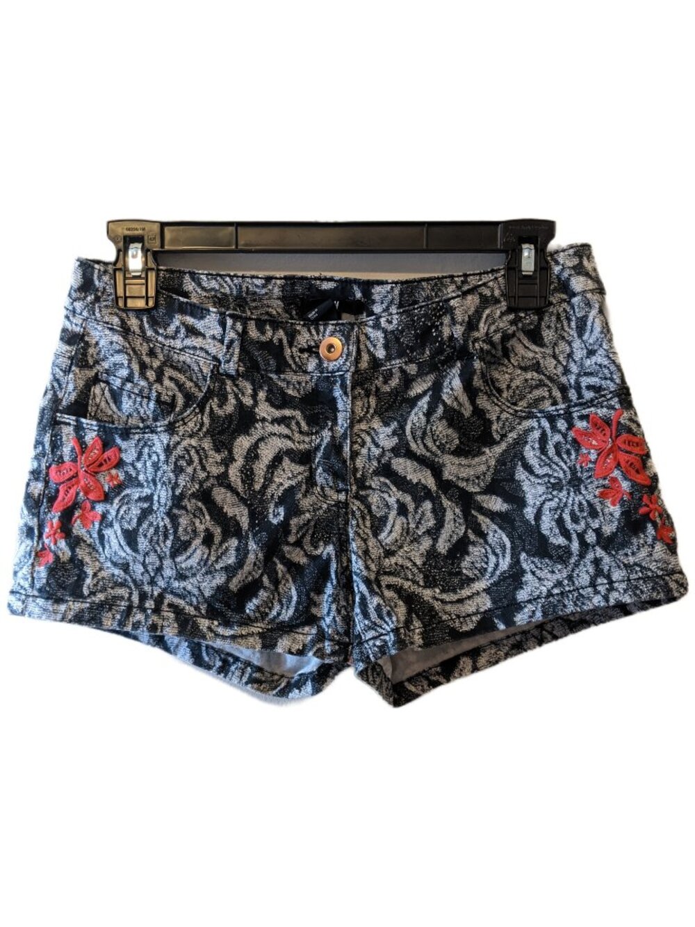Retro Floral Shorts Blue White Red Flower Embroidery Boho Beach Summer Mid Rise